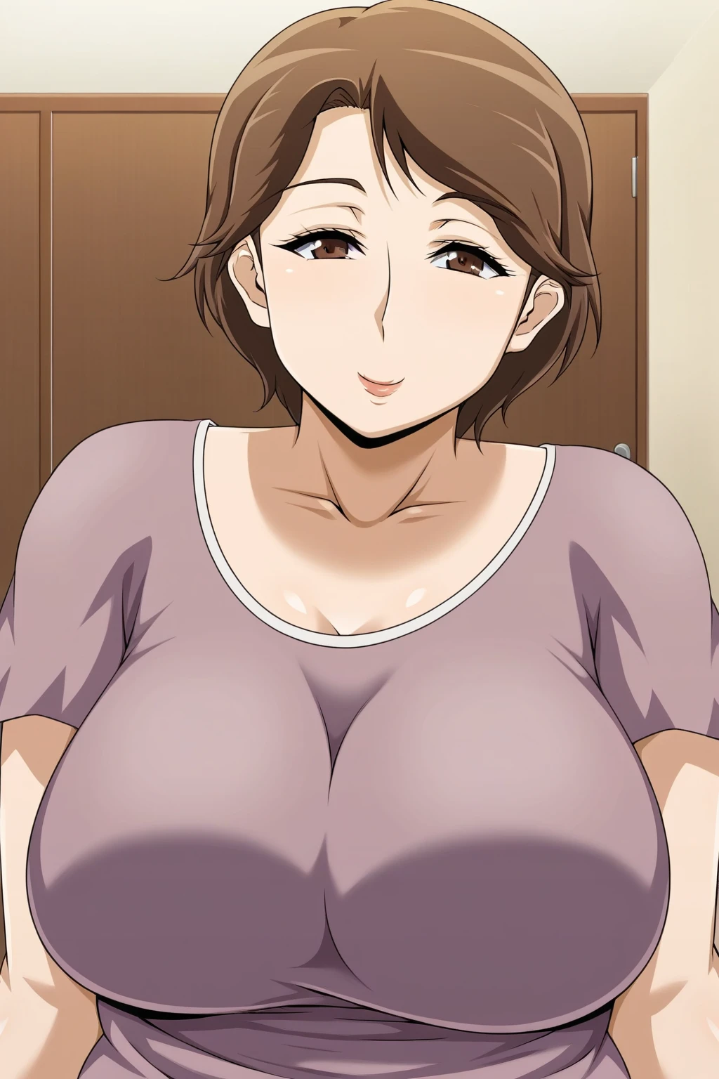 masterpiece, highest quality, High resolution, 1girl, 1boy, the man is skinhead, penis, the man is completely nude, sexual intercourse, Pornographic image, short hair, etsukoto, brown eyes, fine grain, fine grain, (((Thick thighs, Plump thighs, Voluptuous thighs, Thighs are enough))), Big and ample breasts, Cleavage, Huge long breasts, Naughty big,((Big breasts are important))、((Naughty thighs)), L Cup, (thin:1.4),(Tight waist:1.4), (yellow dress:1.4), ((white waist apron)), Embarrassed look, open mouth, looking away, white panties, (((Simple Background))), ((Wide Hips)), Shiny, Oily skin, Mature mother, Calf, Seductive mature woman, Perfect body, Plus Size Model, etsukoto, blush, clavicle, retro artstyle, 1990s (style), (((grabbing another’s thighs))), ((nsfw)),