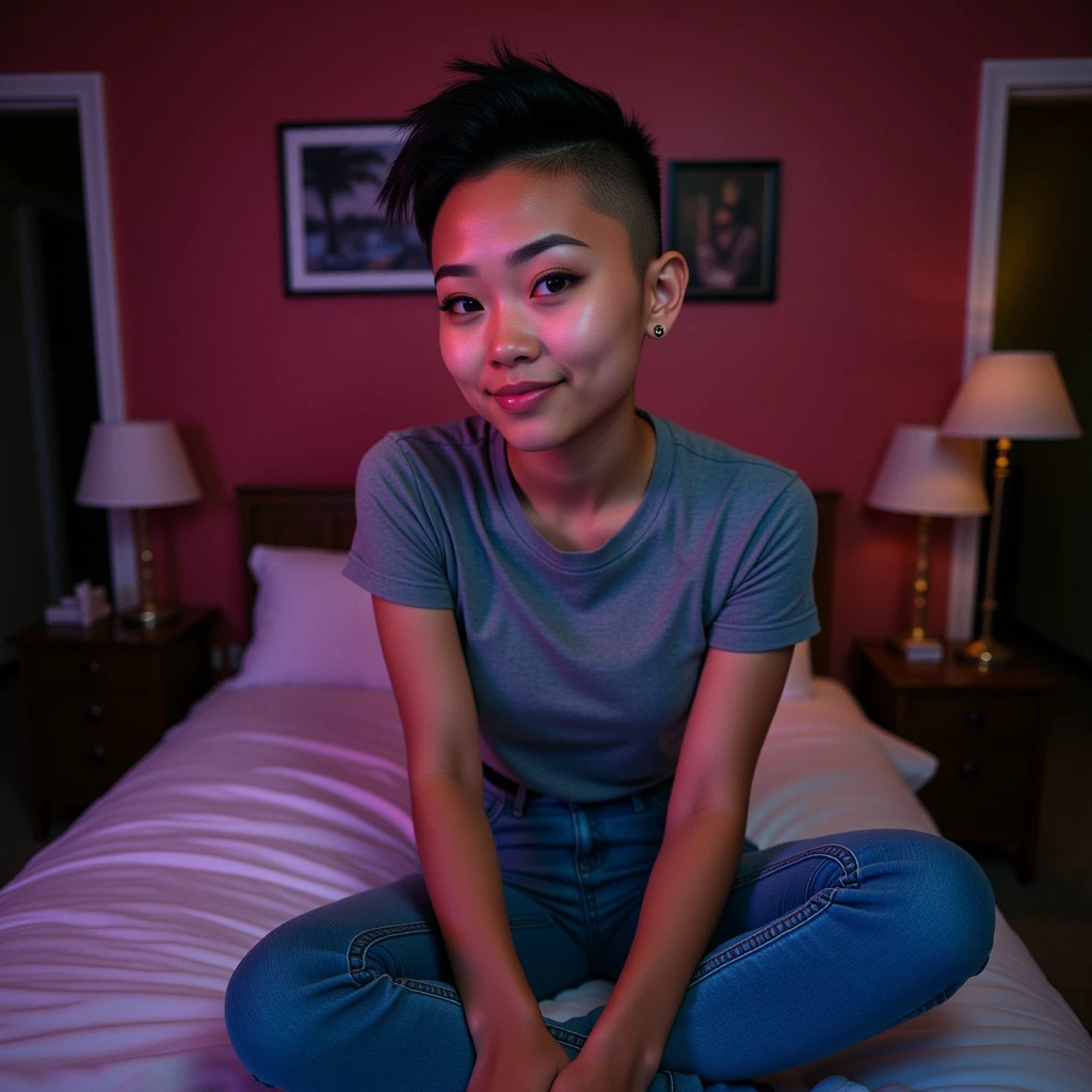 (dslr photo) of (marylee) beautiful (nonbinary) young woman, 18yo, posing for a photo, (shaved buzzed black stylish hair:1.2) with (fauxhawk:0.2), sitting on a bed, looking at the camera and smiling, (wearing a grey tshirt and bluejeans), (winking), (flirting with the camera), (highly detailed skin:1.4), colorful lighting, bisexual lighting, photoshoot, model, film grain, kodachrome, (pores:0.4) (freckles:0.3) (wrinkles:0.1) (makeup:0.7) (interior) ((dark room)) (punk:0.2) (goth:0.2) (hipster:0.2) (millennial:0.2)