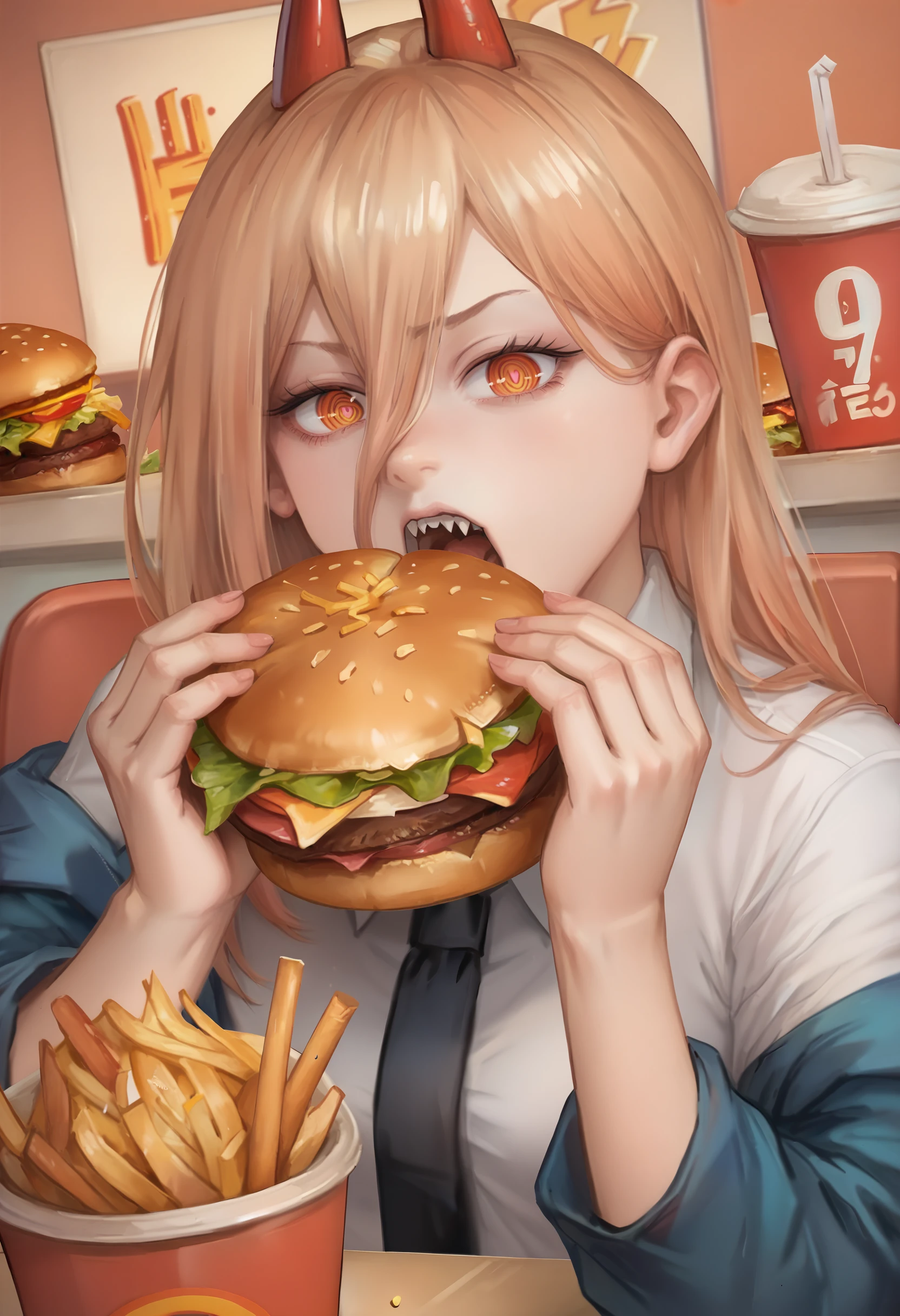 score_9, score_7_up <lora:miche-guy-PONY-DORAv1:1>, 1girl, solo, burger, (power (chainsaw man)):0.7, holding food, black necktie, cross-shaped pupils, white shirt, open mouth, symbol-shaped pupils, hair between eyes, collared shirt, blue jacket, french fries, eating, restaurant, fast food, lettuce, off shoulder, cup, looking at viewer, upper body