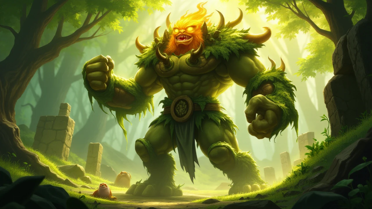 illustration in lolsart style, A primal earth elemental rises from the ground, body a patchwork of moss-covered stones and gnarled roots, eyes burning with amber fire, massive fists clenched and ready for battle, vines and flowers sprouting from its shoulders and back, wisps of mist curling around its feet, standing in a lush forest clearing with ancient ruins scattered about, shafts of golden sunlight breaking through the canopy, small woodland creatures peeking out from behind its legs, the background a tapestry of vibrant greens and earthy browns, <lora:lolsart:1.0>