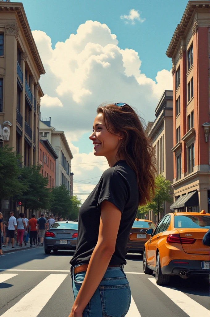 detailed, sharp outlines, contrast, wide angle lens captures the entire scen with cars and people, buldings, clouds, close view of a woman standing on a street, happy mood, <lora:anti-bokeh_add_weak:0.5>