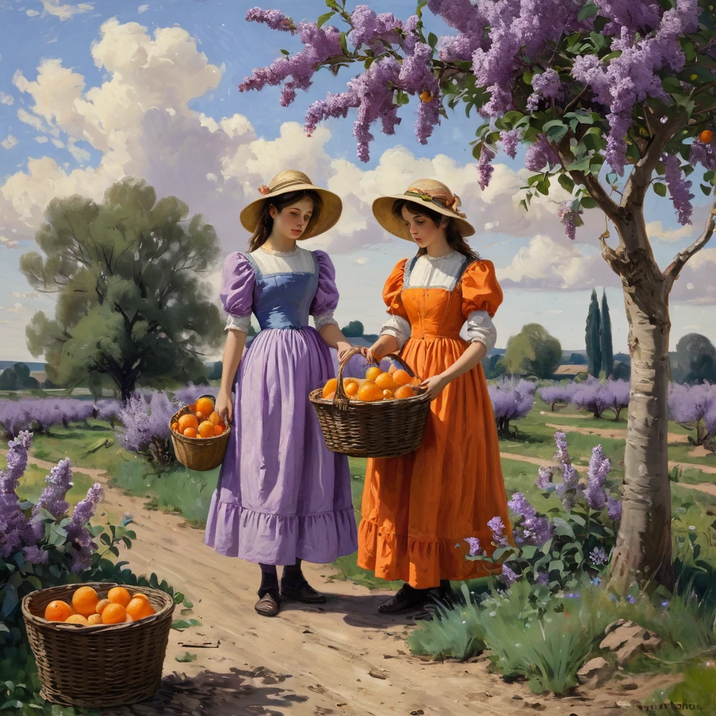 S_Styled painting of two girls in lilac and orange dresses gathering fruit in an orchard beside a large basket with a blue cloudy sky in the background, morning