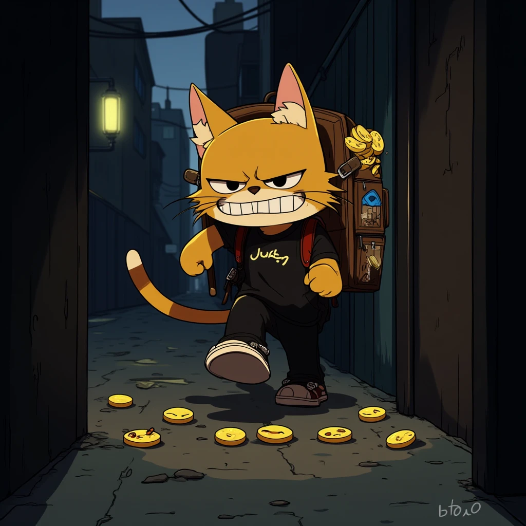 Juaner_cartoon,A mischievous cat with a sly grin, wearing a tiny backpack filled with stolen buzz coins, slinking through the shadows of a dark alley, with glowing buzz symbols scattered around.