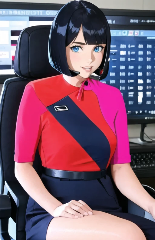 1female, sitting in seat, using computer, qantas  <lora:Flight_Attendant_QF_RevAnim:1>, ((anime style)), sexy, cute, wearing headset, (blue eyes), bob cut hair,