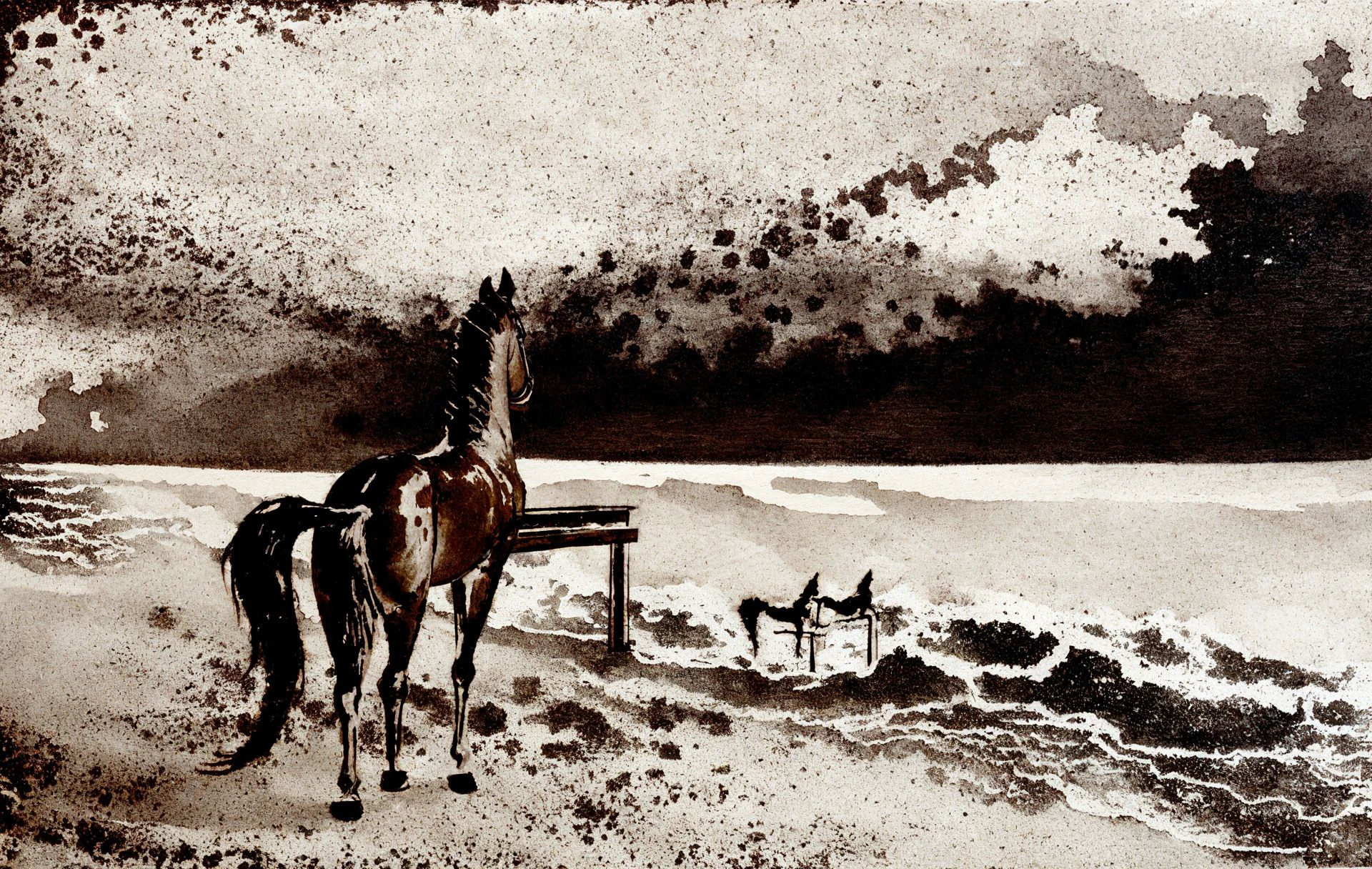 <lora:li-chevalier_pony_v1:1>'  ' by Li Chevalier in 2016, figurative \(genre\), abstract \(genre\), Ink and wash painting \(style\), monochrome,  a horse on a beach, score_9, score_6_up, score_7_up