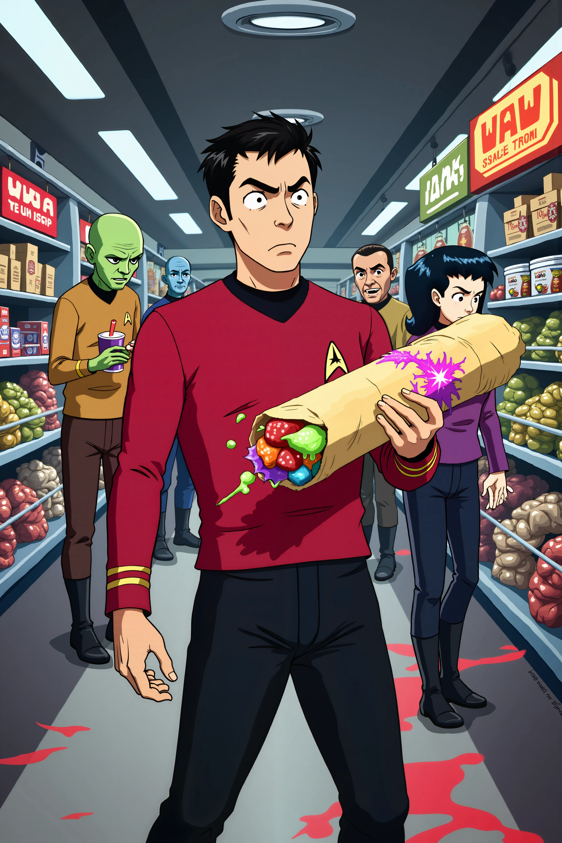 A funny anime scene featuring a person in a red TOS uniform. The character, with an exaggeratedly serious expression, is caught in a comic mishap while trying to navigate a bustling space station marketplace. They’re holding a massive, absurdly oversized space snack—a giant, glowing, multi-flavored space burrito—while a mischievous alien vendor hovers nearby, snickering. The character’s uniform is slightly disheveled, and they’ve accidentally spilled a colorful, alien drink all over themselves. The drink has left a neon-colored stain that humorously resembles a galaxy map. Around them, various quirky aliens and futuristic shoppers are reacting with exaggerated expressions of surprise and amusement, adding to the comedic atmosphere. The background features a vibrant array of alien goods and futuristic signage, with exaggerated, dynamic lines highlighting the humorous chaos of the scene.