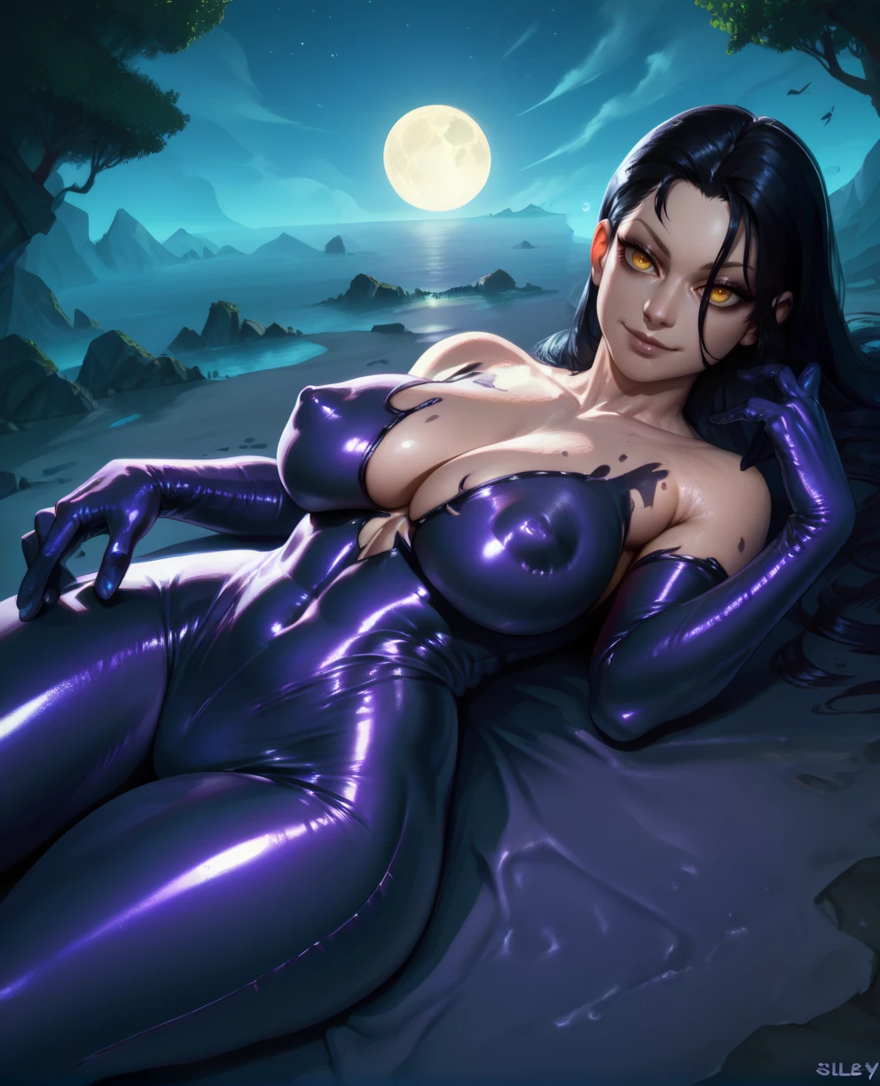 score_9,score_8_up,score_7_up,score_6_up,unknownxl,black hair,yellow eyes,slimy purple attire,skin tight,covered nipples,slimy gloves,cleavage,night,solo,void,right shoulder tattoo,lying,light smile,
<lora:unknownXL:0.9>,