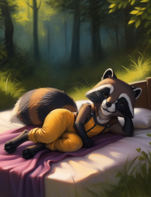 <lora:RocketRacGyDoMix:1> RocketRacGy, Racoon, Orange jumpsuit, Brown eyes,, chibi,
Looks at the viewer, ((lying on its side, smiling,) )
[ large window, (nature), forest, grass, day shining, clouds, flowers, blanket, blue pillows, candles, bed, pillows, ]
(beautiful, aesthetic, perfect, delicate, intricate, saturated colors), masterpiece, digital drawing, best quality,
[by kenket|by totesfleisch8], by thebigslick:by silverfox5213:0.8], [by syuro, by paloma-paloma::0.2, (Tricksta, TotesFleisch8)