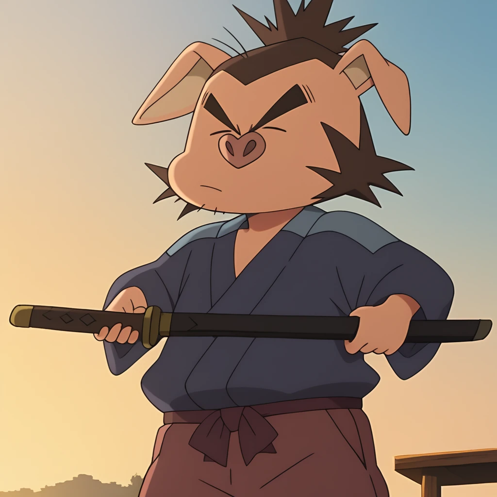 score_9, score_8_up, (birds_flying), day, sky, BREAK, <lora:buta-v1-13:1> nbbuta, japanese clothes, hakama, holding katana, dutch angle, (from_side:0.5), front view face, (three-quarter view)