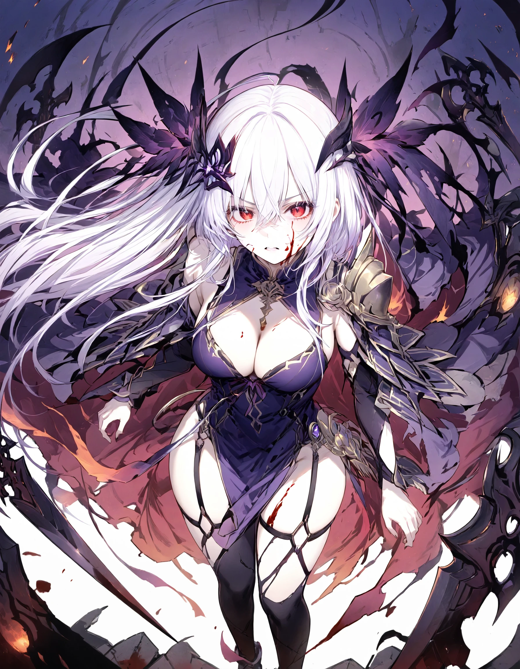 1girl, white hair, intense view, red eyes, piercing gaze, cape, floating hair, torn clothes, hairpin, blood, blood on face destroyed place, chaos, destruction, looking up, intimidating, dramatic, thighs,