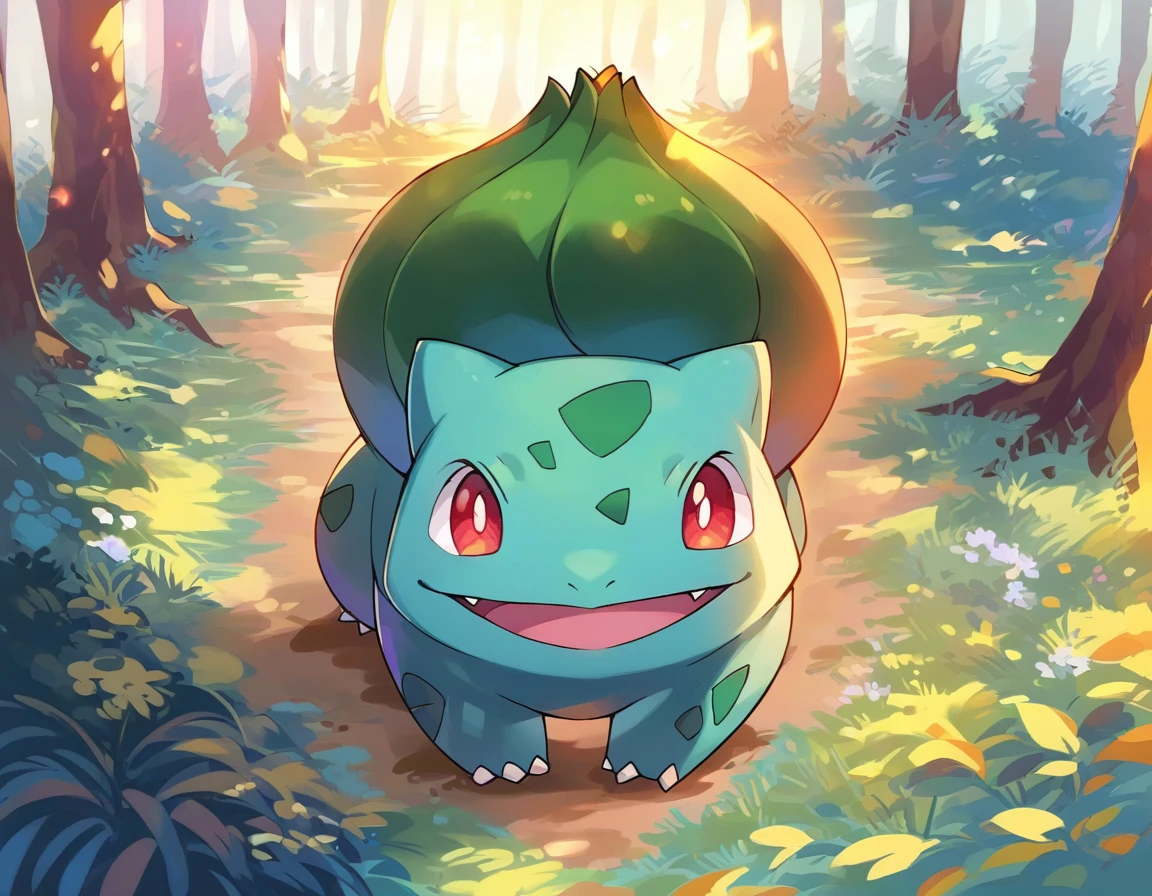 score_9, score_8_up, score_7_up, source_anime  BREAK
Bu1b4s4ur, blue-green body, teal spots, claws, fangs, red eyes, white pupils, green plant bulb, pokemon \(creature\), 
looking at viewer, head tilt, looking up, smile, happy, open mouth
background: forest, lens flare, bloom, bokeh, wildflowers, tall grass, trees
solo
 <lora:Bulbasaur:1>