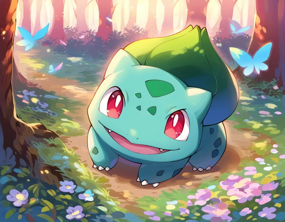 score_9, score_8_up, score_7_up, source_anime  BREAK
Bu1b4s4ur, blue-green body, teal spots, claws, fangs, red eyes, white pupils, green plant bulb, pokemon \(creature\), 
looking at viewer, head tilt, looking up, smile, happy, open mouth
background: forest, lens flare, bloom, bokeh, wildflowers, tall grass, trees
(solo:1.6)
 <lora:Bulbasaur:1>