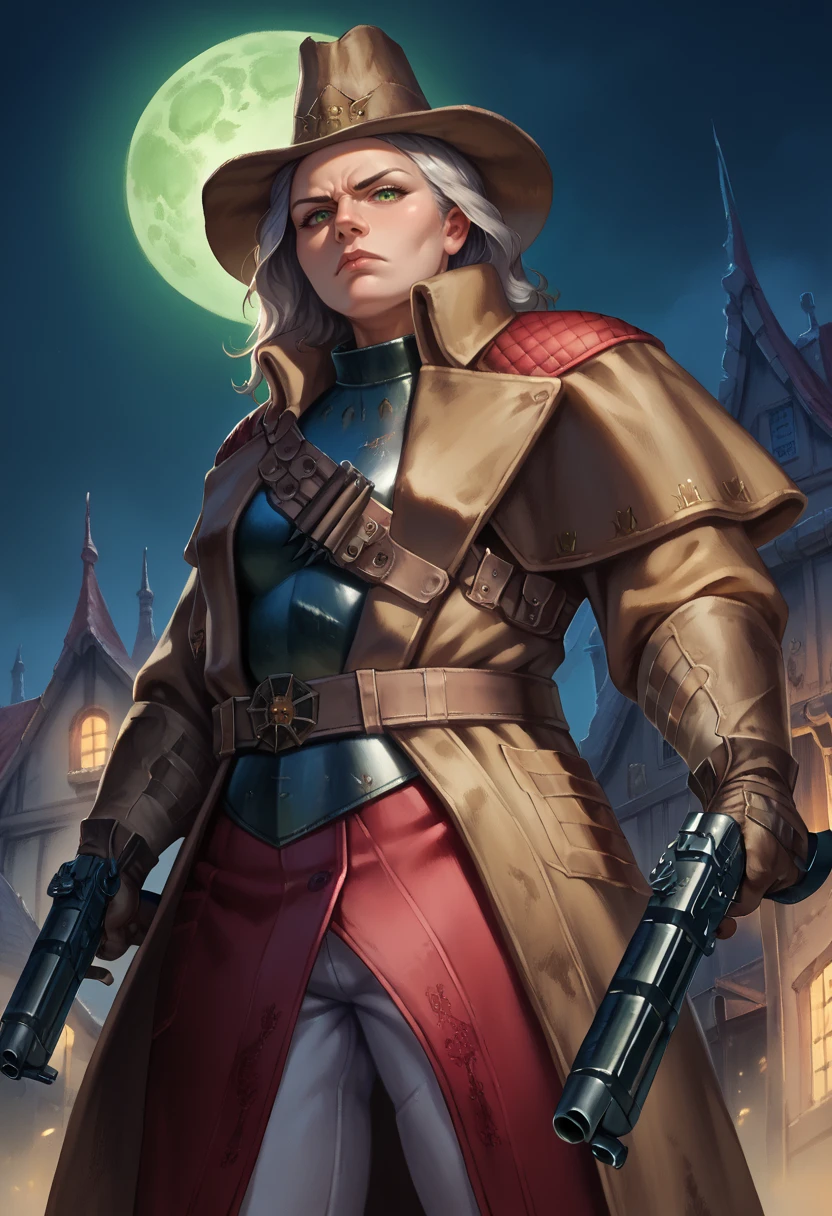 score_9, score_8_up, score_7_up, photorealistic, low angle shot,
WitchHunter, solo, mature woman, grey hair,
grim, silent, serious, looking at viewer, holding gun, antique firearm, dual wielding,
hat, coat, dark, night, green moon, green glow, medieval town,
 <lora:WitchHunter:1>