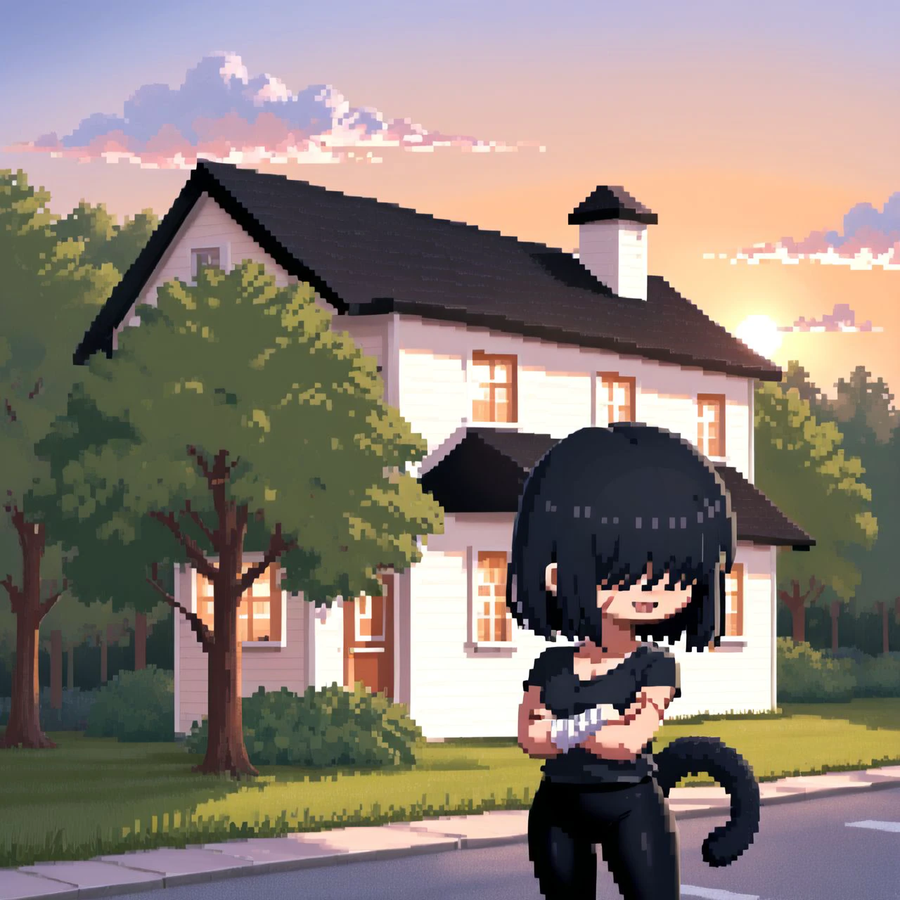 <lora:SolYulaanXL:0.8> SolYulaan, 1girl, chibi, bandaged wrists, scar on arm, black shirt, black leggings, black tail, monkey tail, zerovoltagehair, flat hair, LucyLoudhair, hair over eyes, obscured eyes, cartoon, illustration, sunset, trees, juniper trees, oak trees, suburbs, suburban house,  sidewalk, front yard, evening, clouds, arms folded, coy expression, very small smile, multiple scars on face, looking to the side, evening lighting, golden hour, <lora:sakuemonq:1>