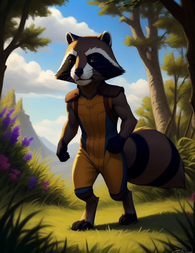 <lora:RocketRacGyYif:1> RocketRacGy, Racoon, Orange jumpsuit, Brown eyes, chibi, 
Looks at the viewer, (walking )
[ large window, (nature), forest, grass, day shining, clouds, flowers, blanket, blue pillows, candles, bed, pillows, ]
(beautiful, aesthetic, perfect, delicate, intricate, saturated colors), masterpiece, digital drawing, best quality,
by taran fiddler, by cynicalstarr, by personalami,