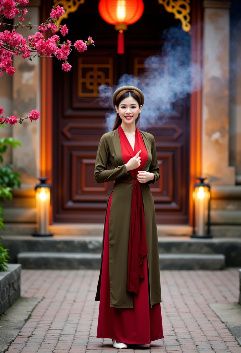 A young Vietnamese woman dressed in a traditional Áo Tứ Thân with rich, earthy colors of deep brown, olive green, and maroon, layered over a bright red yếm. Her hair is styled in a traditional bun, with a silk scarf loosely tied around her head. She is standing gracefully at the entrance of an ancient Vietnamese temple, with intricate carvings and weathered stone walls. The soft glow of lanterns illuminates her serene face and the delicate folds of her dress. Around her, there are blooming cherry blossoms and incense smoke swirling in the evening air, adding a mystical atmosphere to the scene. Photorealistic, 4K resolution, evening lighting with a warm, golden hue
