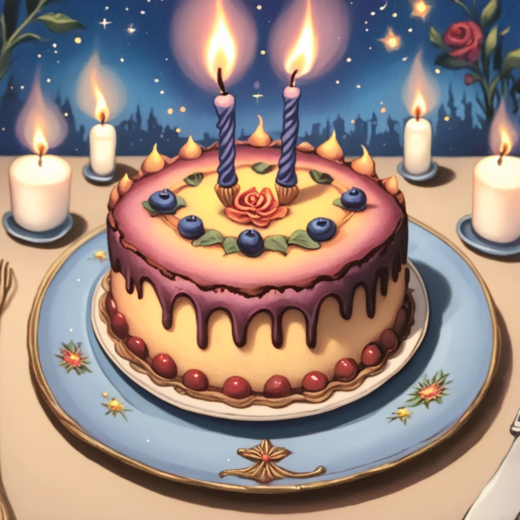 <lora:Wonderland:1>   ArsMJStyle, Wonderland, The image shows a painting of a cake with candles on top of it sitting on a plate on a table. The cake is decorated with a flower adding a touch of color and beauty to the painting., no humans, food, candle, food focus, flower, cake, still life, leaf, fruit, star (sky), fire, star (symbol), plate