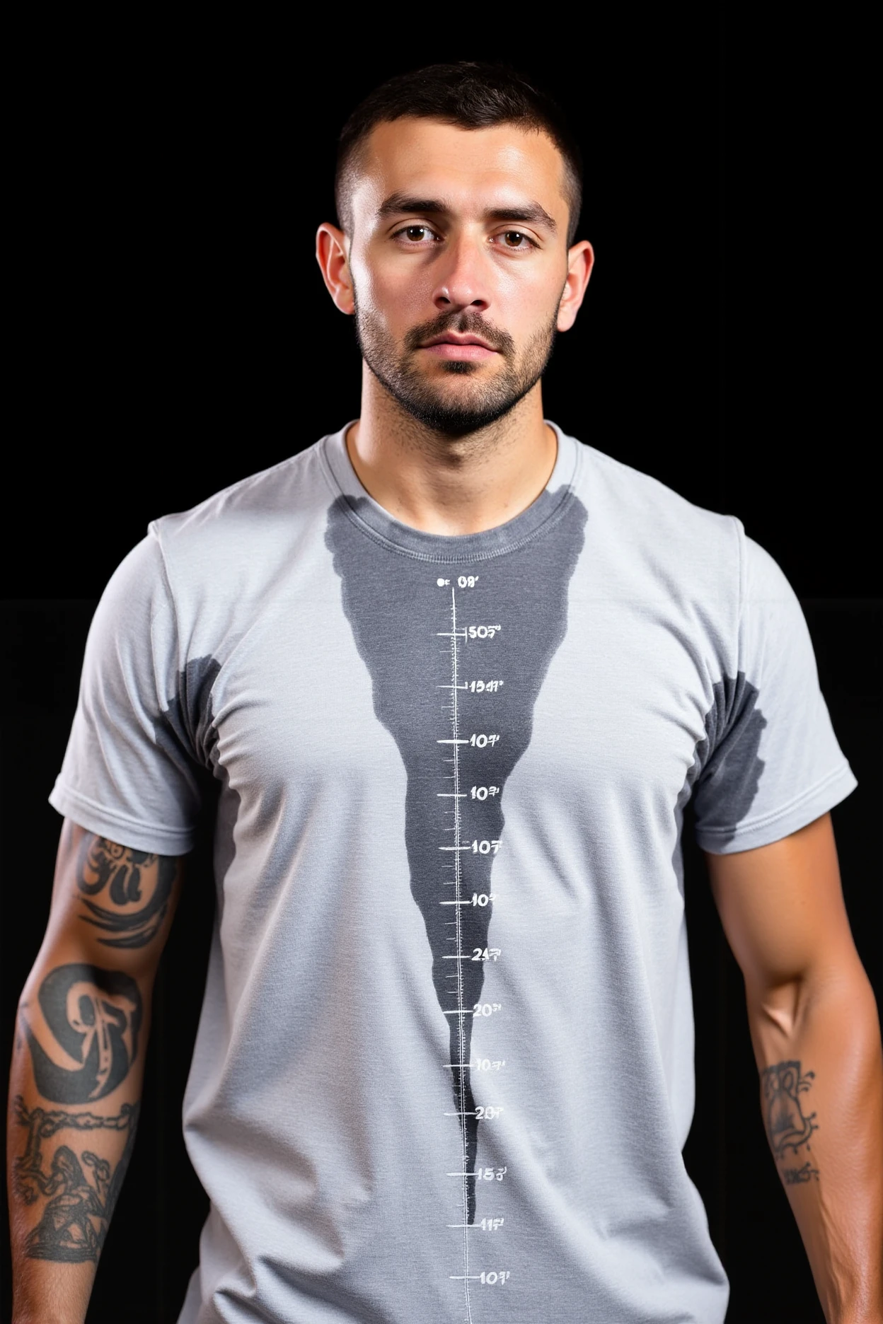 photo, A man with a tattoo on his left arm is wearing a gray t-shirt that is soaked with sweat. The t-shirt is dripping with sweat and there are measurement markings right in the center on the shirt that show the amount of sweat dripping from it. The man's face is serious and he is looking directly at the camera. The background is black and the man is standing in the center of the frame., sweat-spots-smudges on chest, cropped face, sweat-spots-smudges on armpit, caucasian, tattoo on his arm, 1boy, solo, male focus, shirt, head out of frame, simple background, tattoo, upper body, black background, short sleeves, grey shirt, white shirt, facial hair, facing viewer, t-shirt, closed mouth, realistic<lora:flux\my\sweat\sweaty_shirt_flux_v5_010.safetensors:0.9:0.9>