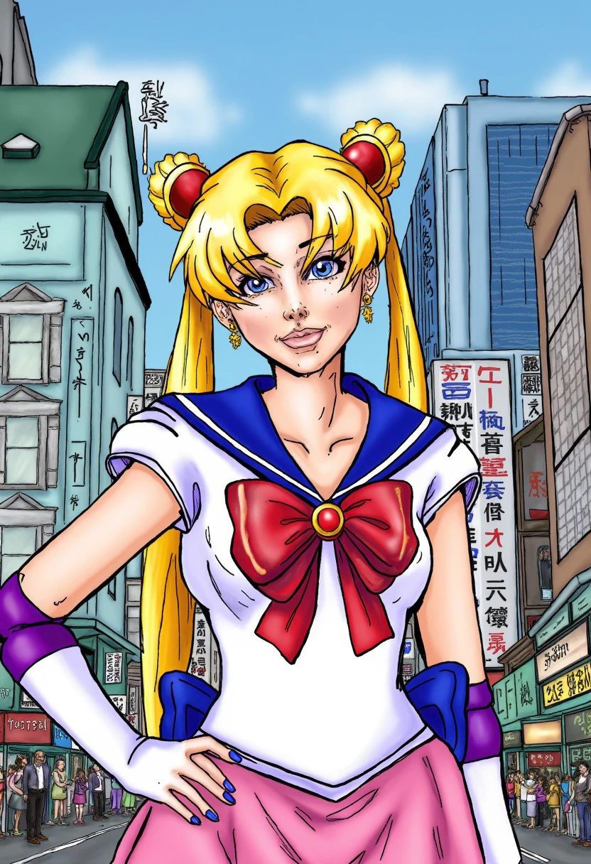 a comic book illustration from Duskfallcrew Art Style, a portrait of Sailor Moon standing in Tokyo City