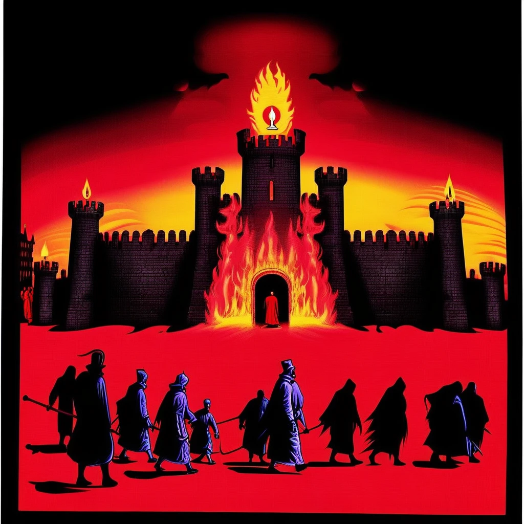 medieval castle, city square, red robes, night, black, very dark, fire, gradient, black border, auto da fe, food, people, scary, weird, silhouette, heretic, (((eerie, unnerving, occult, surreal)))