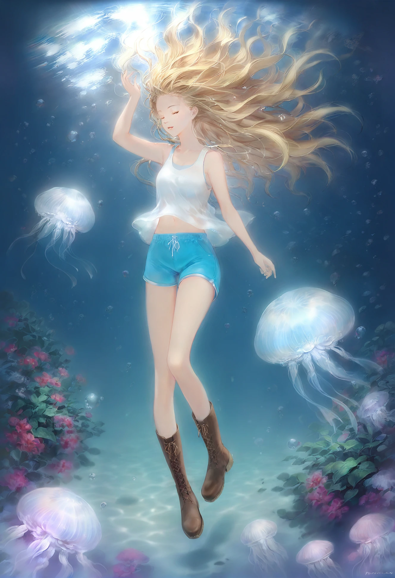 masterpiece, best quality,underwater, 1girl, shorts, jellyfish, solo, long hair, closed eyes, brown footwear, air bubble, boots, tank top, bubble, blonde hair, blue shorts, shirt, full body 
<lora:DADACHYOXLlokr4f-000179:0.8>