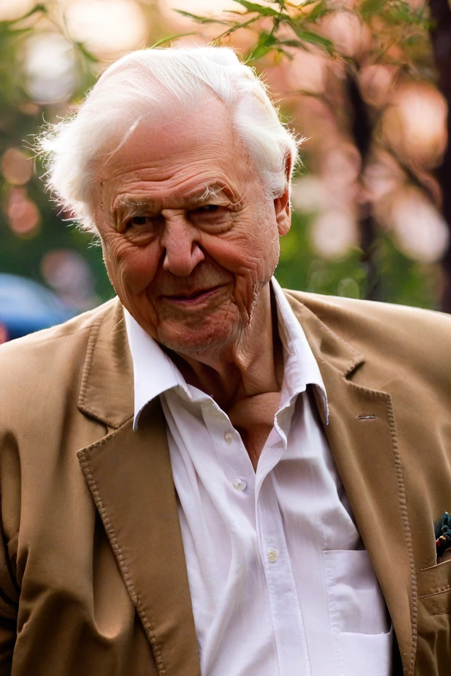 score_8_up,upper body, score_7_up, 1boy,david attenborough,old man,white hair,brown vest,shirt,solo,old man,outdoor,bokeh