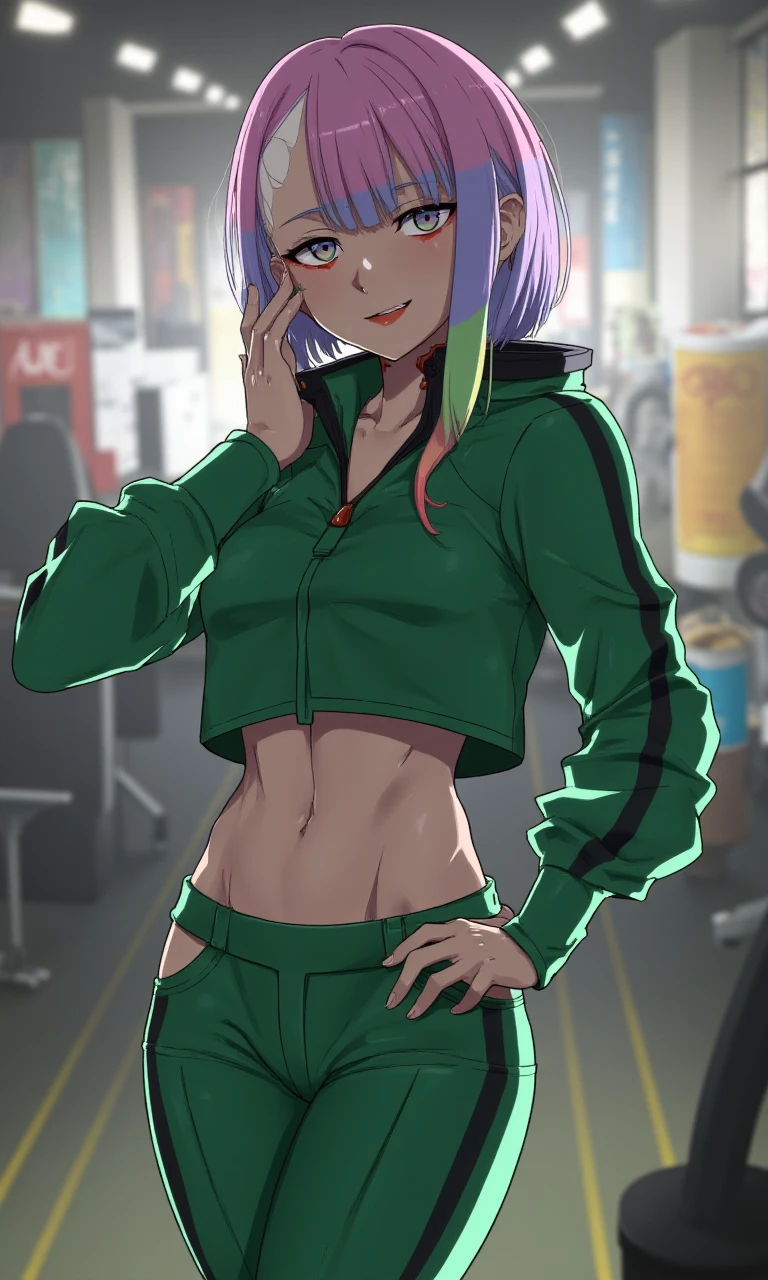 lucy_flux, medium hair, single sidelock, two-tone hair, gradient hair, mekeup, red eyeliner, red lips, android, medium breasts, track suit, track jacket, hoodie up, navel, cropped jacket, green jacket, green track pants, standing, hand on hip, gym, looking at viewer, light smile