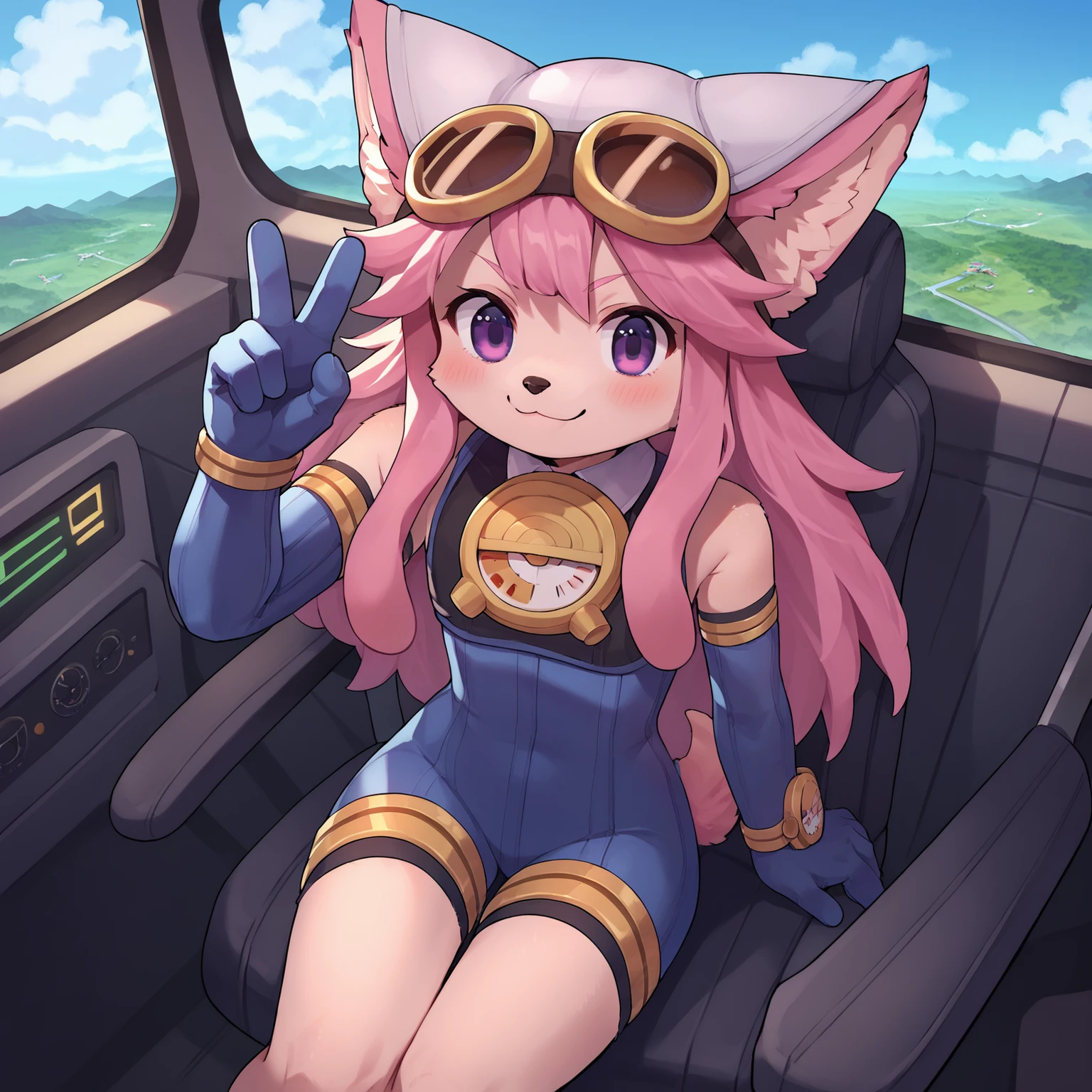 source_anime, score_8_up, score_7_up, rating_safe, chocolatsr, 1girl, furry female, dog girl, pink fur, long hair, pink hair, dog tail, body fur, purple eyes, animal ears, animal nose, bodysuit, elbow gloves, goggles on headwear, v-shaped eyebrows, angry, smile, (>:3:1.3), blush, from above, cute, closed mouth, solo, sitting, (cockpit:1.1), piloting, pilot chair, detailed background, airplane interior, control stick, (switch, buttons, joystick, monitor:1.2), sky, cloud, embedding:zPDXL2