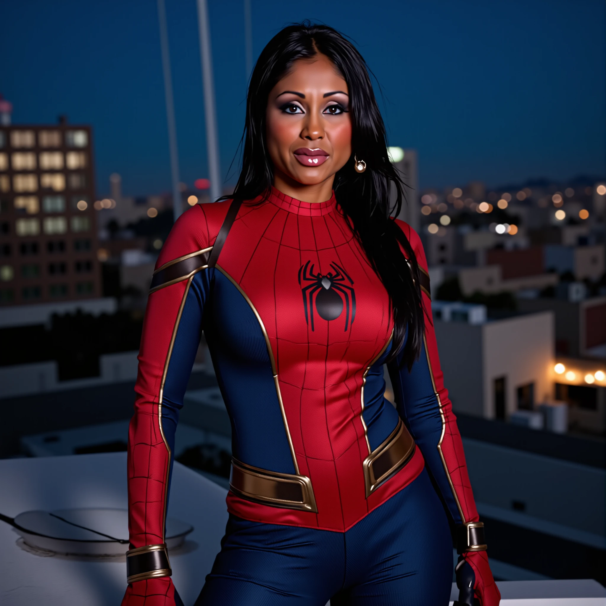 Photo of Priya_Rai, wearing a spiderman costume, without mask, chest covered, standing on rooftop, night time, film, marvel, cinematic