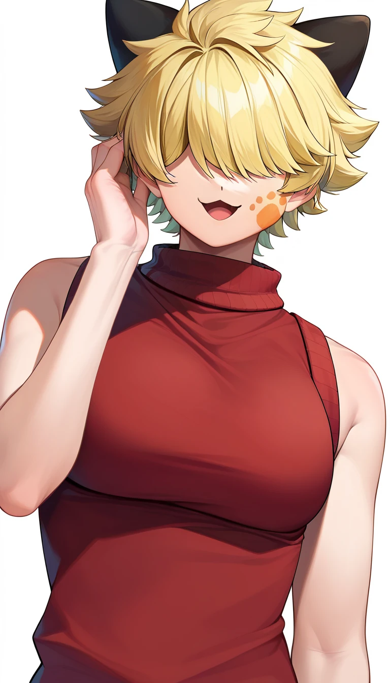 embedding:zPDXL2 ,source_anime,rating safe,looking at viewer,(kengo), animal ears, hair over eyes, blonde hair, 2boys, :3, solo, cat ears, sweater,sleeveless turtleneck, facial mark, (otoko no ko:1.2), open mouth, red sweater,smile, paw print,otoko no ko,(large breasts:1.1),cowboy_shot,
hand on own ear ,
