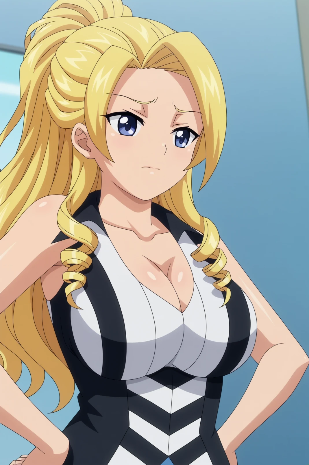 sayaka midou,anime screencap,1girl,solo,mature,blonde hair,long hair,blue eyes,bare shoulders,breasts,cleavage,large breasts,drill hair,hands on hips,standing, video game club,consistent background, close up,dutch angle <lora:Sayaka Midou - PDXL2.safetensors:0.8>