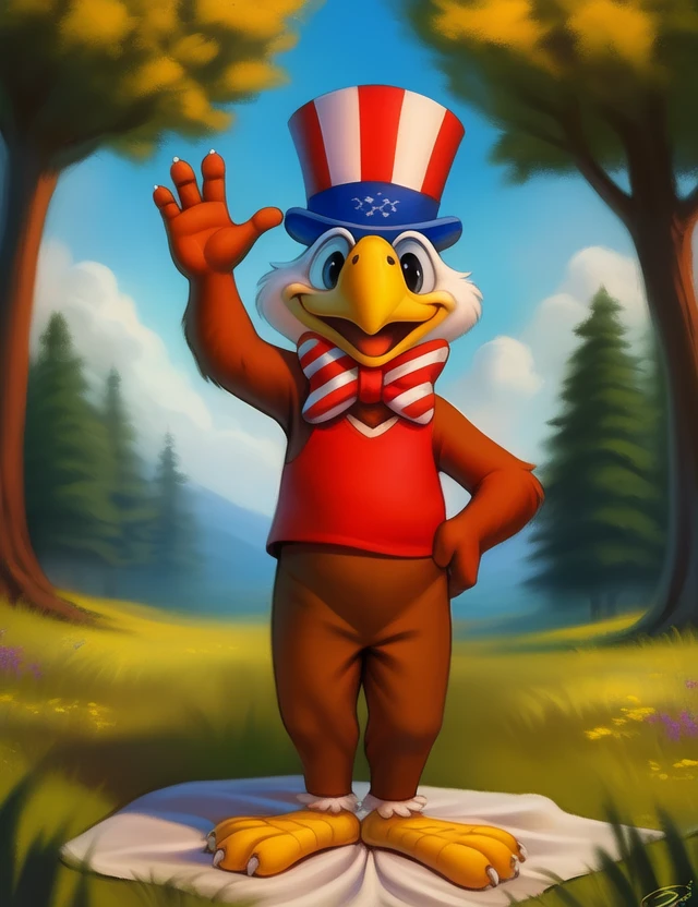 <lora:EagleANSamMasDom:1>   EagleANSamMas, Eagle, bow tie, red t-shirt,  top hat,  red white blue hat, Chibi, ((no pants,))
Looks at the viewer, ((Standing at full height, waving his hand, hand up, hand on hip,))
[ large window, (nature), forest, grass, day shining, clouds, flowers, blanket, blue pillows, candles, bed, pillows, ]
(beautiful, aesthetic, perfect, delicate, intricate, saturated colors), masterpiece, digital drawing, best quality,
[by personalami], by smitty g, [[[by Foxovh]]], [[by Ross Tran]]