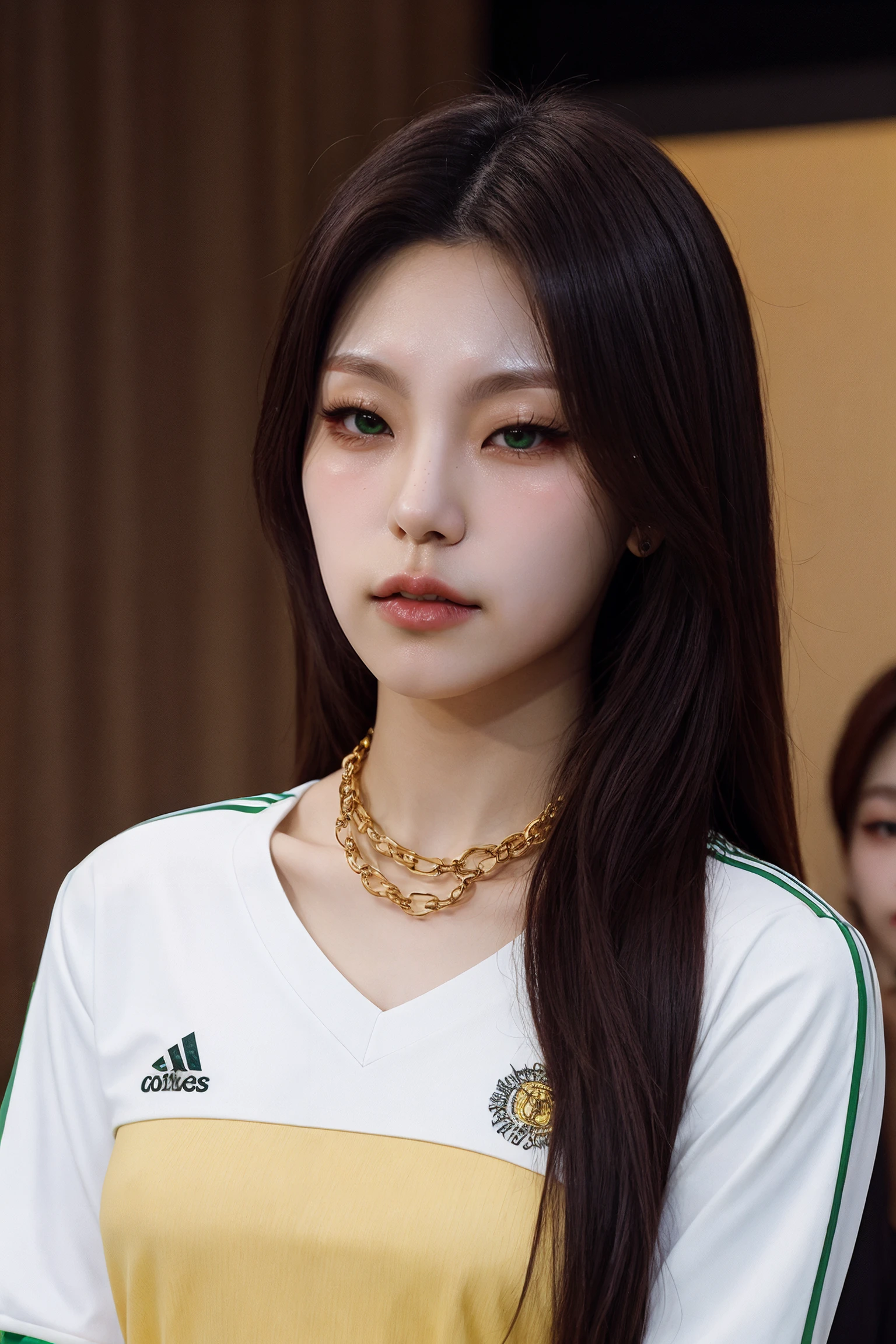 (cinematic light), [public event, k-pop meet and greet, extremely detailed background], 1girl, [black hair],  [yellow and green soccer jersey, golden chains, neck chains], hwangyeji <lora:Yejiv2-000006:0.95>