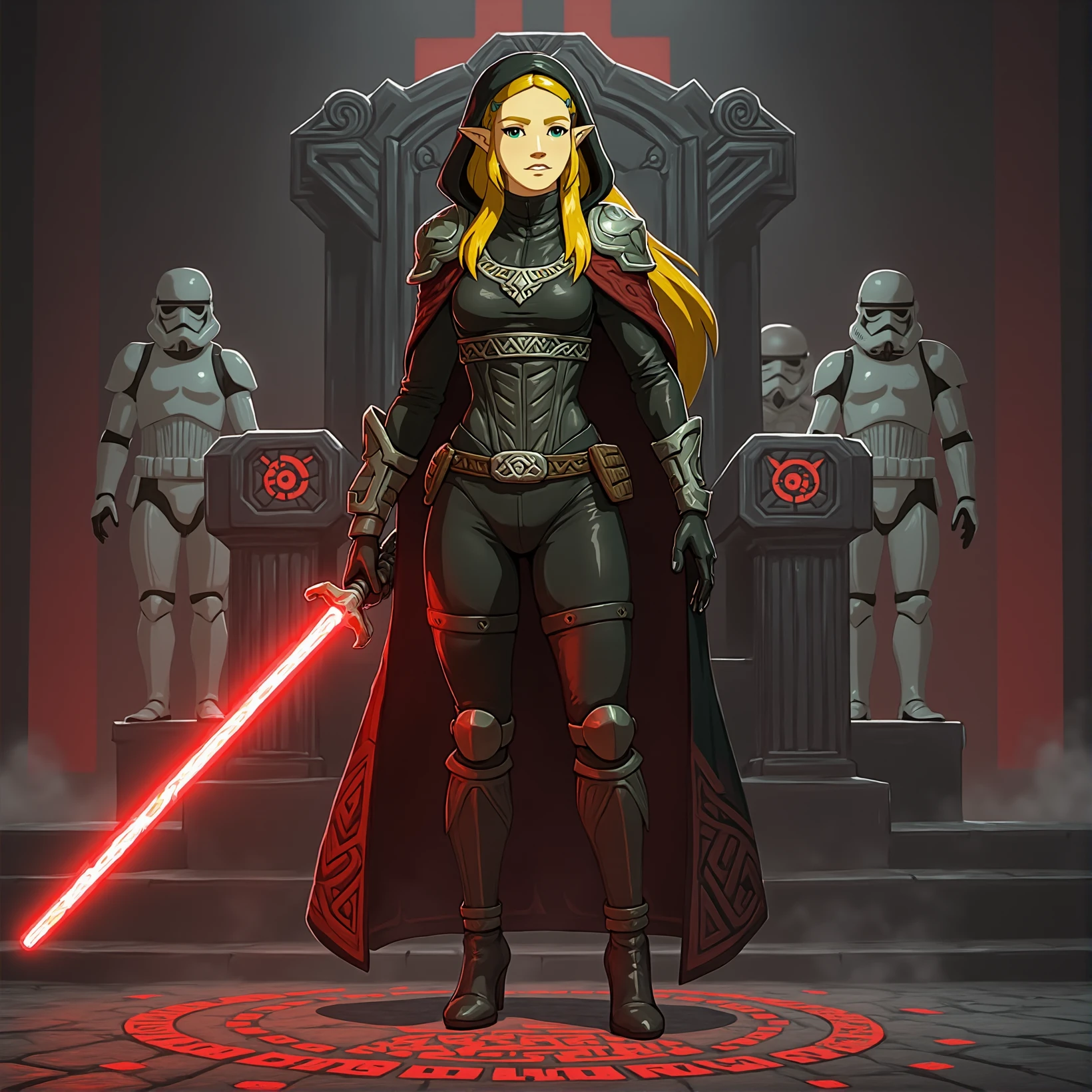 DGM style Princess Zelda as a Sith Lord, standing with a red lightsaber held in her right hand, her long blonde hair flowing beneath a dark hooded cloak, cloak made of black fabric with intricate red patterns, metallic shoulder guards giving a menacing appearance, underneath the cloak a form-fitting black bodysuit with silver accents and a utility belt, background of a dark, futuristic throne room with metallic walls and dim red lighting, glowing runes on the floor casting an ominous light, her expression fierce and determined, holding the lightsaber in a defensive stance with a red blade illuminating her face, the throne in the background made of dark metal with red glowing highlights, shadowy figures of stormtroopers can be seen standing guard, heavy shadows and focused red lighting give a foreboding atmosphere.