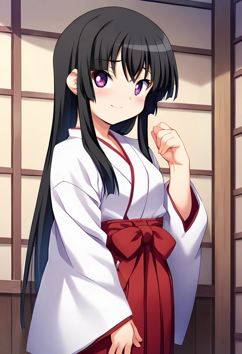 score_9, score_8_up, score_7_up, masterpiece, 1girl, source_anime, 1girl, ct_a0i, purple eyes, black hair, long hair, kimono, wide sleeves, red obi, red hakama, indoors, wooden wall, looking at viewer, cowboy shot, standing, hand up, blush, smile, closed mouth, facing viewer, <lora:AyanokoujiAoi_Pony_ct_ver3:1>