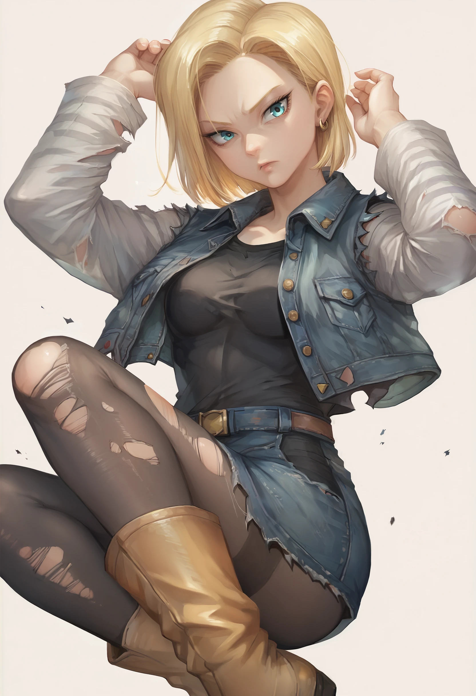 score_9, score_7_up <lora:miche-guy-PONY-DORAv1:1>, 1girl, solo, torn clothes, android 18, torn pantyhose, earrings, denim skirt, denim jacket, looking at viewer, boots, black shirt, white background, black pantyhose, simple background, long sleeves