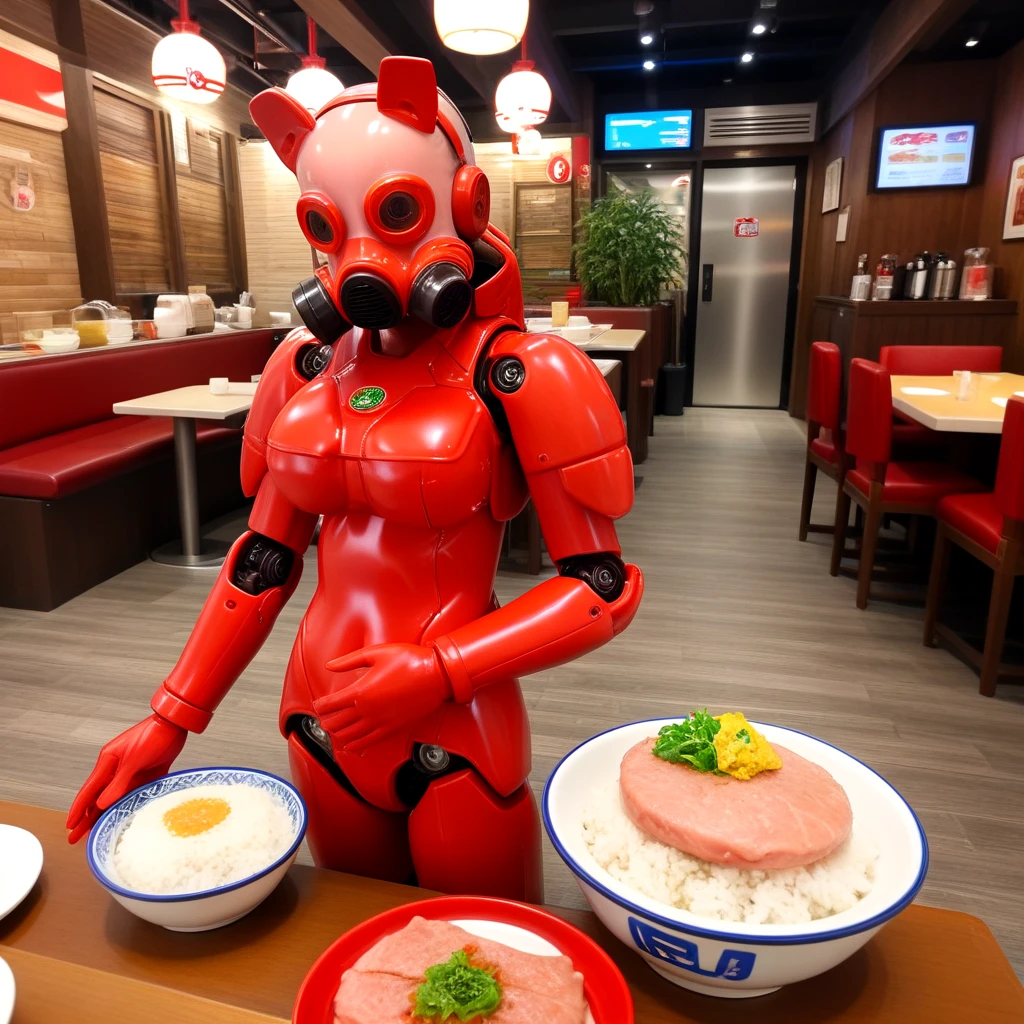 <lora:fish_steak_tartare_SDXL:0.5>, frisbee, meat, table, bowl, rice, restaurant, realistic, gloves, holding_weapon, armor, red animal_ears, red bodysuit, mask, helmet, robot, mecha, machinery,  antennae, robot_joints, gas_mask, cyberpunk, mechanical_legs, humanoid_robot, power_suit