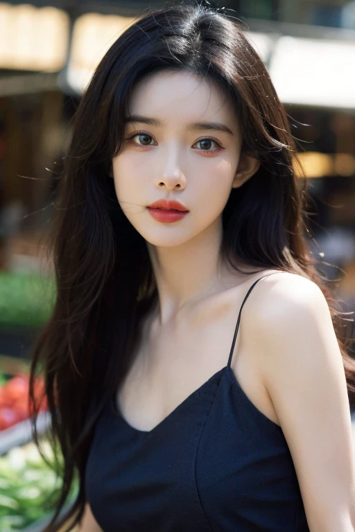 masterpiece, best quality, ultra-detailed, ultra high res, (photorealistic:1.4), raw photo, (realistic:0.2), 8k HDR, realistic lighting, looking at viewer, 1girl, solo, asymmetrical hair, outdoor, (traditional market:1.2), (day), bokeh, (detailed lips), (detailed pores), (detailed skin textures), (detailed face:1.2), (body:1.2), a woman in a black sundress, (asian:0.2), standing,