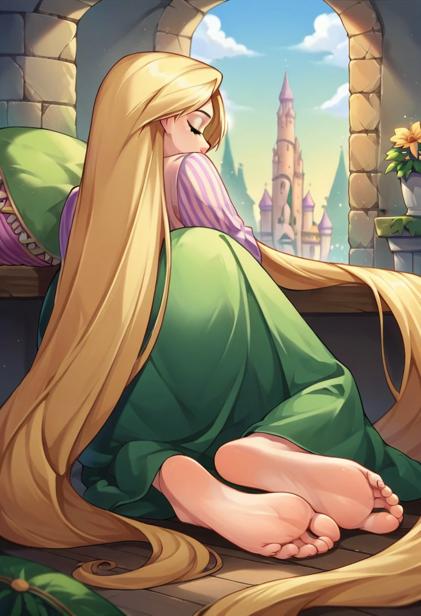 score_9, score_8, score_7, source_anime, rapunzel (grimm), sleeping, indoors, tower, barefoot, (feet, soles)