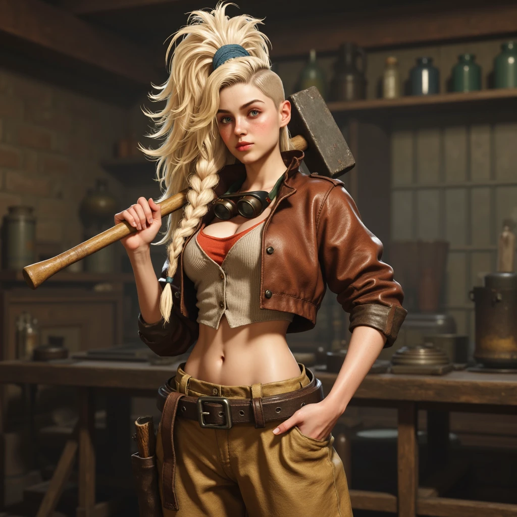 gemhw, CGI render of a young woman. She is standing in a forge and has a large hammer resting on her shoulder. She has long, voluminous blonde hair tied back with a blue scrunchie. Her outfit is a brown, cropped leather jacket with a red undershirt peeking out, and a beige, short-sleeved, button-up vest over a pair of loose, tan pants held up by a wide belt and goggles around her neck.