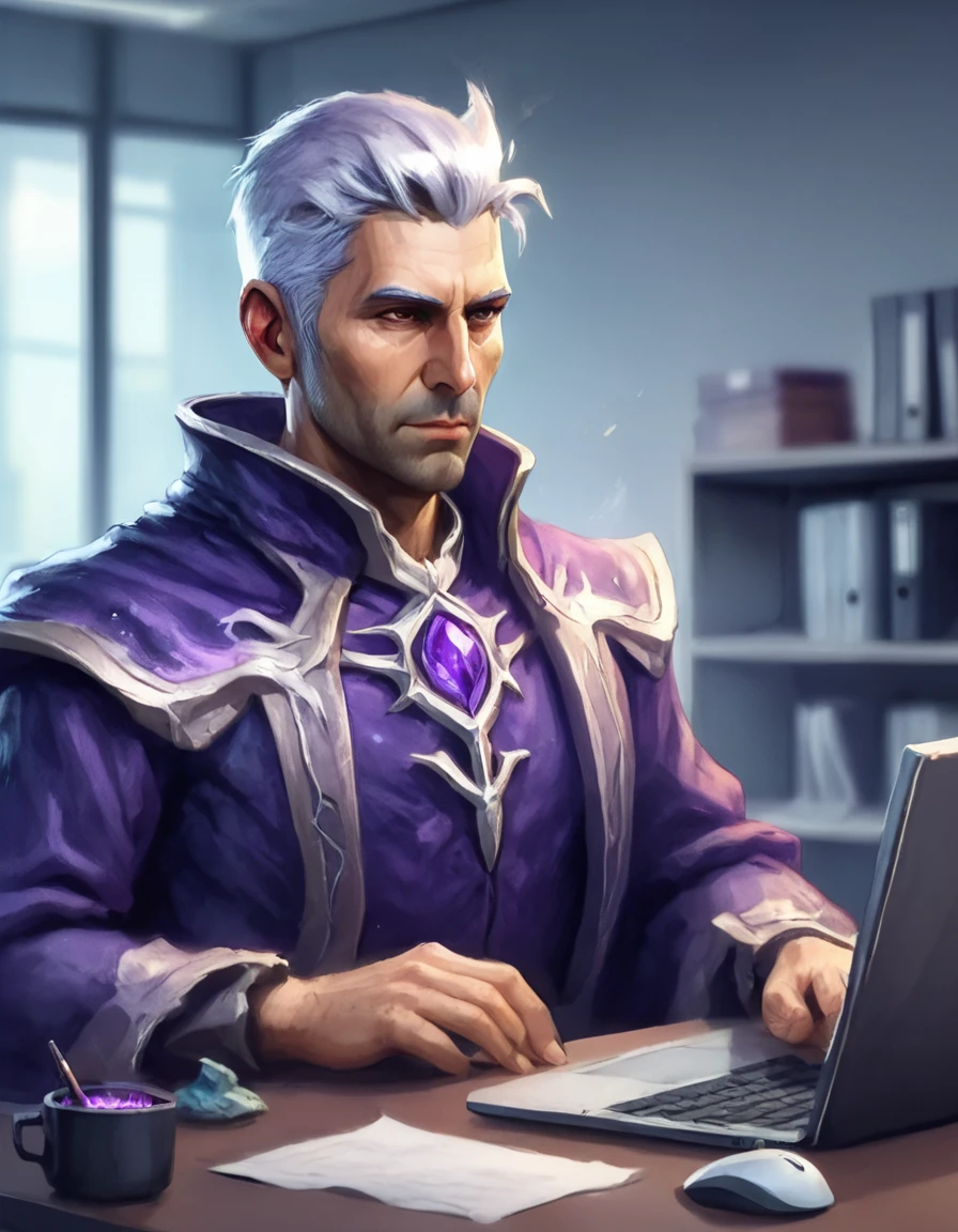 (game art of a male 40 years old with silver  short hair fantasy sorcerer in modern office working on laptop, <lora:khdgr:1.2>