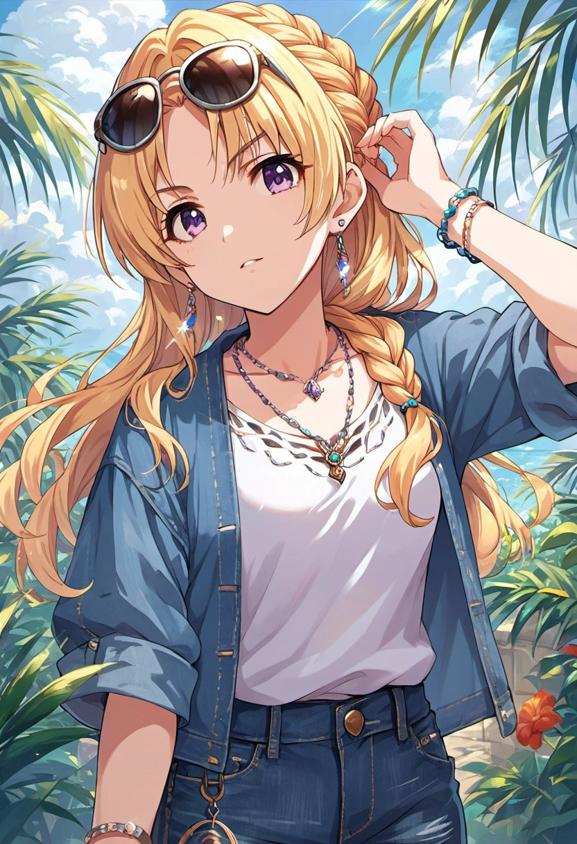 score_9, score_8_up, score_7_up, source_anime,kiryuu tsukasa, blonde hair, purple eyes, long hair, 1girl, jewelry, solo, braid, sunglasses, bracelet, necklace, earrings, denim, looking at viewer, eyewear removed