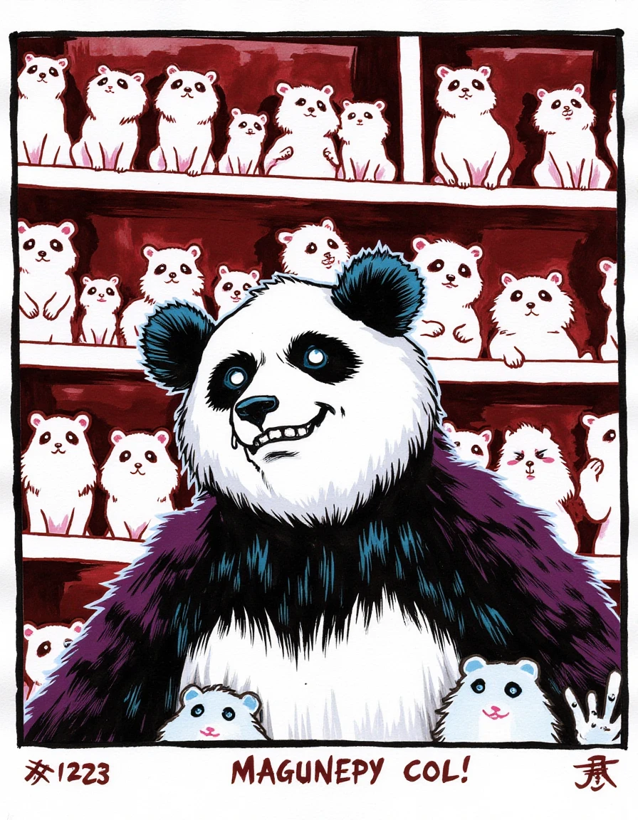 <lora:ink_monsters:1.8>  monochrome ink monster, creepy Panda, at the pet store, Mysterious colors, horror \(theme\), simple, minimalism, iconic