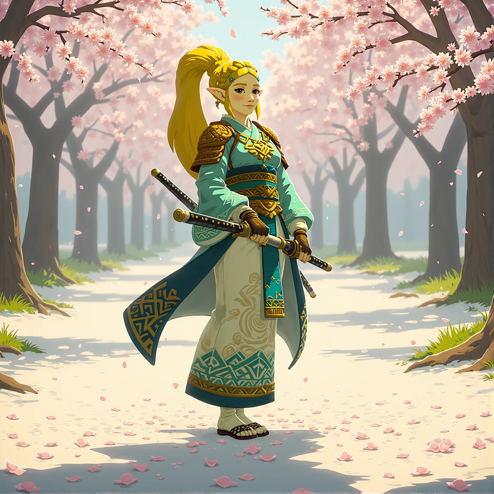 DGMA style Princess Zelda as a samurai warrior in a cherry tree grove, wearing a traditional samurai kimono with intricate patterns in shades of blue and gold, armored segments on her shoulders and forearms, a katana sheathed at her side, her long blonde hair tied back in a high ponytail, cherry blossom petals gently falling around her, standing on a soft bed of petals, trees with blossoms in full bloom surrounding her, the light is bright and slightly diffused through the blossoms, creating a serene and calming atmosphere, shadows of tree branches create a soft pattern on the ground, a calm and determined expression on her face, cherry trees stretch into the background, accentuated by the gentle spring breeze, the scene has an overall sense of peaceful yet resilient beauty.