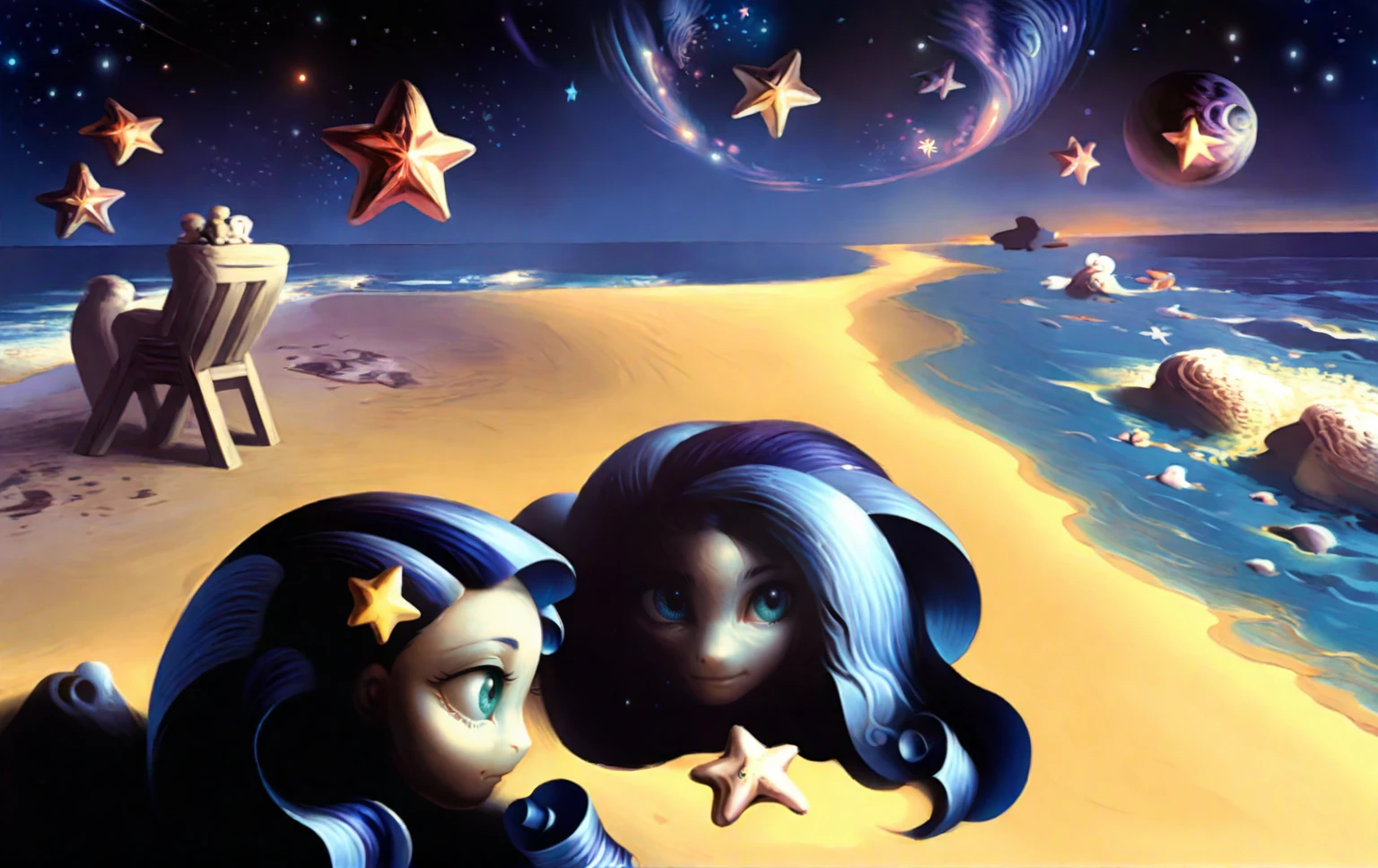 <lora:sabinbalasa_pony_v2:1>' stars ' by Balasa Sabin in 1999, symbolic painting \(genre\), Surrealism \(style\), a beach on the ocean at night , stars are visible in the firmament, galaxy, milky way,, score_9, score_6_up, score_7_up