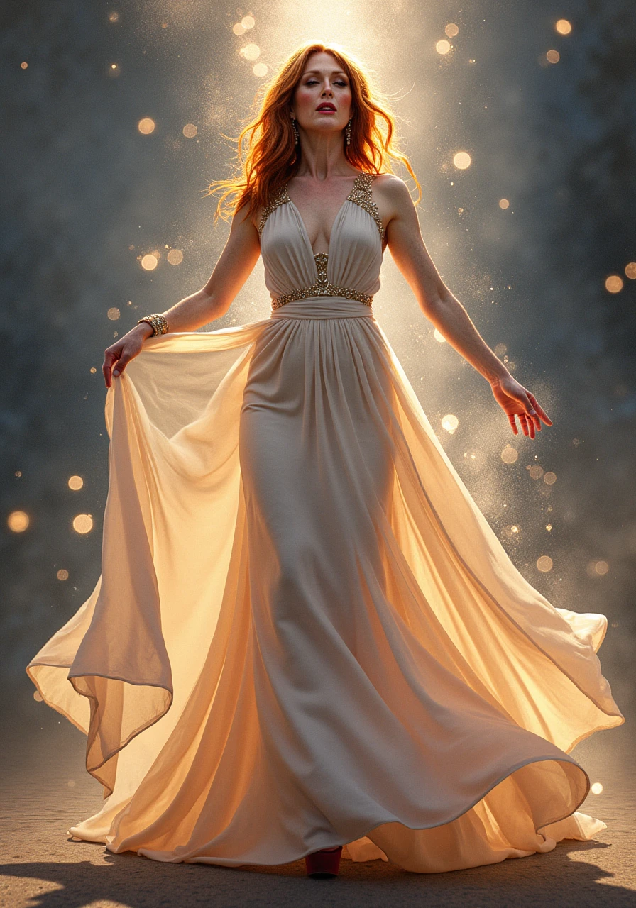 Julianne Moore wearing a flowing silk dress, emiting mystical light, intricate, elegant, highly detailed, my rendition, digital painting, artstation, concept art, smooth, sharp focus, radiant light, illustration, art by artgerm and greg rutkowski and alphonse mucha
