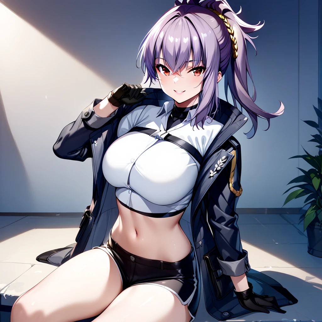 rebecca(cs), 1girl, solo, gloves, shorts, black gloves, smile, breasts, navel, short shorts, shirt, midriff, looking at viewer, crop top, red eyes, long hair, sitting, ponytail, black shorts, purple hair, large breasts, white shirt, stomach, jacket, long sleeves <lora:Rebecca:1>, (masterpiece),(best quality),(ultra-detailed),(best illustration),(best shadow),(absurdres),(detailed background),(very aesthetic),