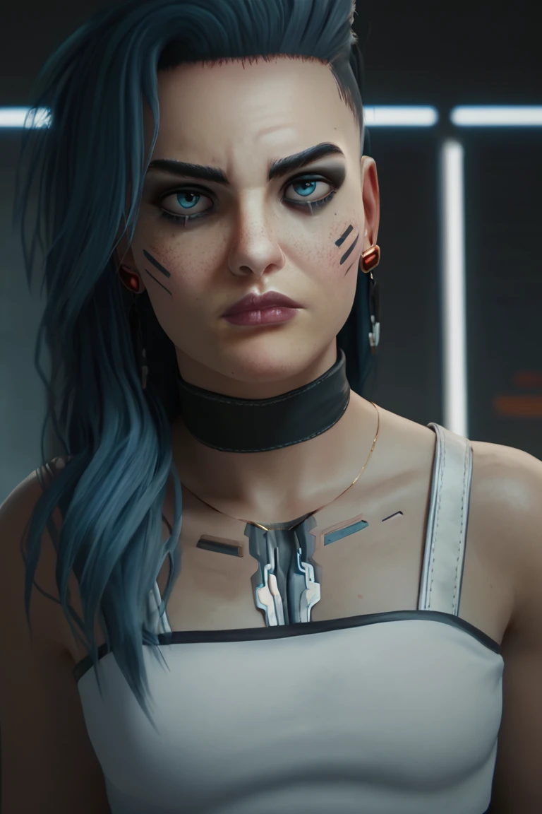 score_9, score_8_up, score_7_up, RogueAmendiares, 2077, blue hair ,long hair, asymmetrical hair, earrings, blue eyes, stud earrings