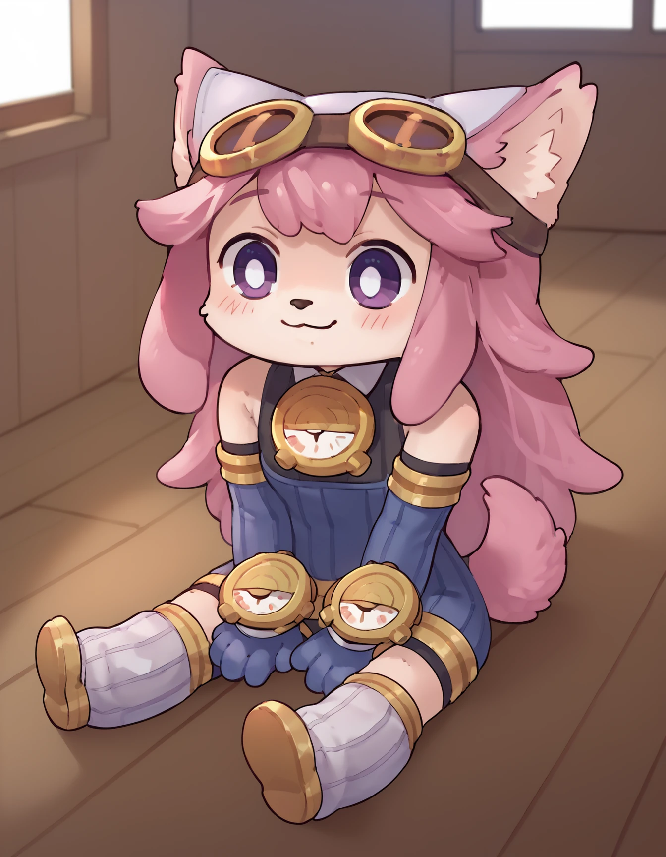 score_9, score_8_up, score_7_up, color, kenbis, chibi, chocolatsr, 1girl, cute, furry female, dog girl, pink fur, long hair, pink hair, dog tail, body fur, detailed fur, purple eyes, white pupils, blush, smile, looking away, animal ears, animal nose, bodysuit, elbow gloves, goggles on headwear, leg warmers, boots, solo, sitting, on floor, outstretched legs, indoors, wood floor, embedding:zPDXL2