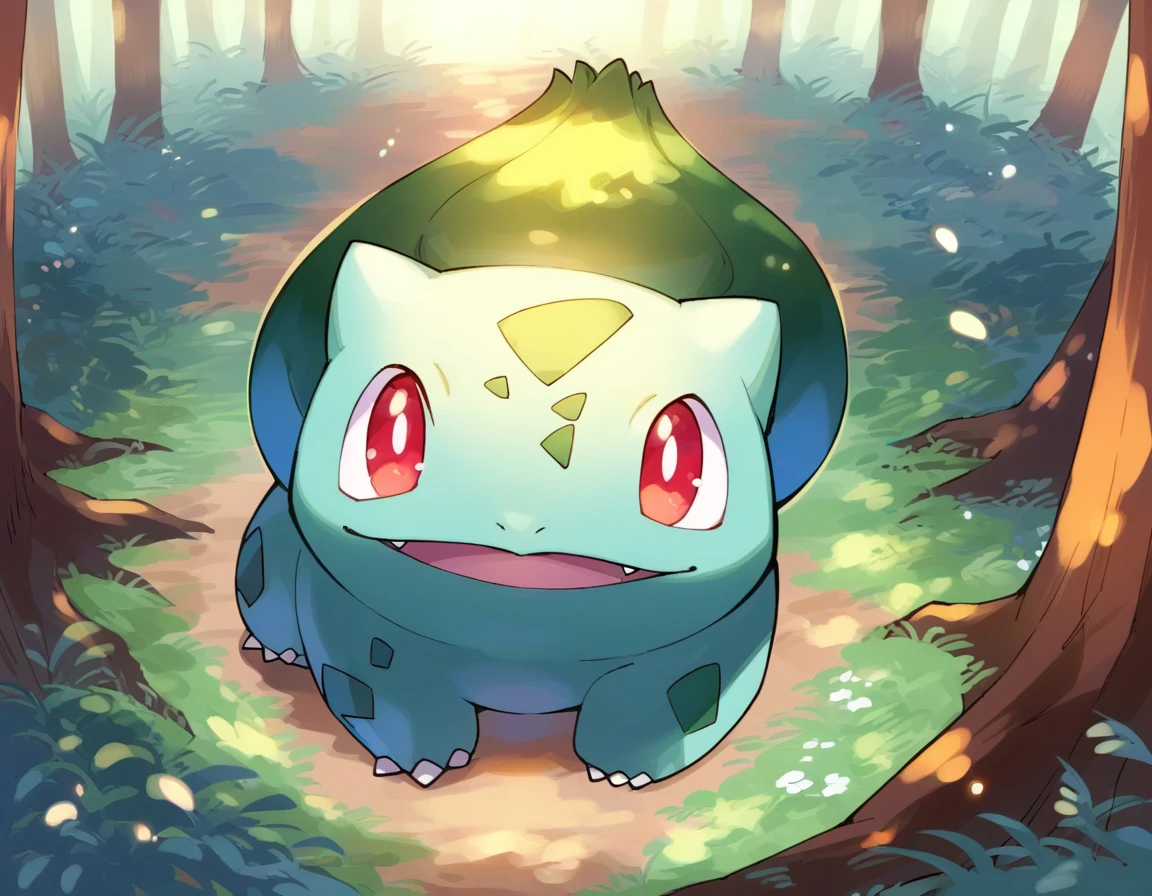 score_9, score_8_up, score_7_up, source_anime  BREAK
Bu1b4s4ur, blue-green body, teal spots, claws, fangs, red eyes, white pupils, green plant bulb, pokemon \(creature\), 
looking at viewer, head tilt, looking up, smile, happy, open mouth
background: forest, lens flare, bloom, bokeh, wildflowers, tall grass, trees
(solo:1.6)
 <lora:Bulbasaur:1>